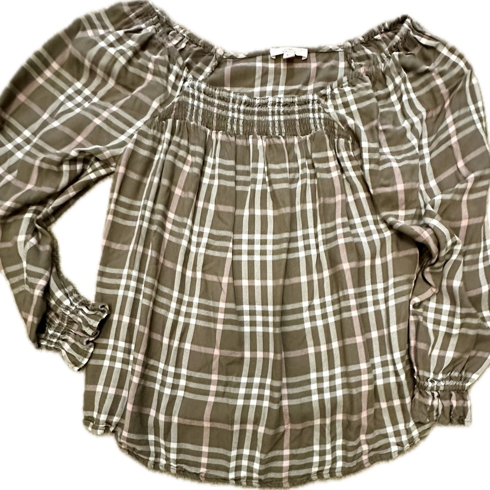 Como Vintage drop shoulder neutral plaid top